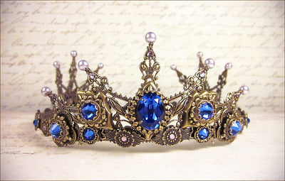 Avalon Pearl Tiara in Antiqued Brass by Rabbitwood and Reason. Stones featured: Sapphire, Light Amethyst, Lavender Pearl