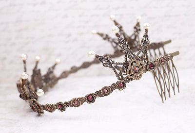 Avalon Pearl Tiara in Antiqued Brass by Rabbitwood and Reason. Stones featured: Burgundy, Light Burgundy, Cream Pearl