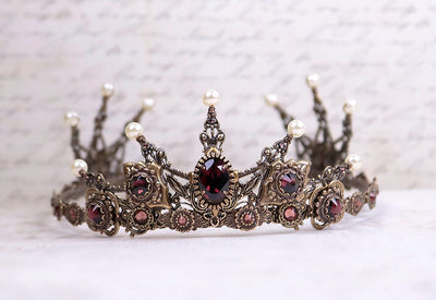 Avalon Pearl Tiara in Antiqued Brass by Rabbitwood and Reason. Stones featured: Burgundy, Light Burgundy and Cream Pearl