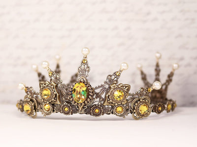 Avalon Pearl Tiara in Antiqued Brass by Rabbitwood and Reason. Stones featured: Topaz and Cream Pearl