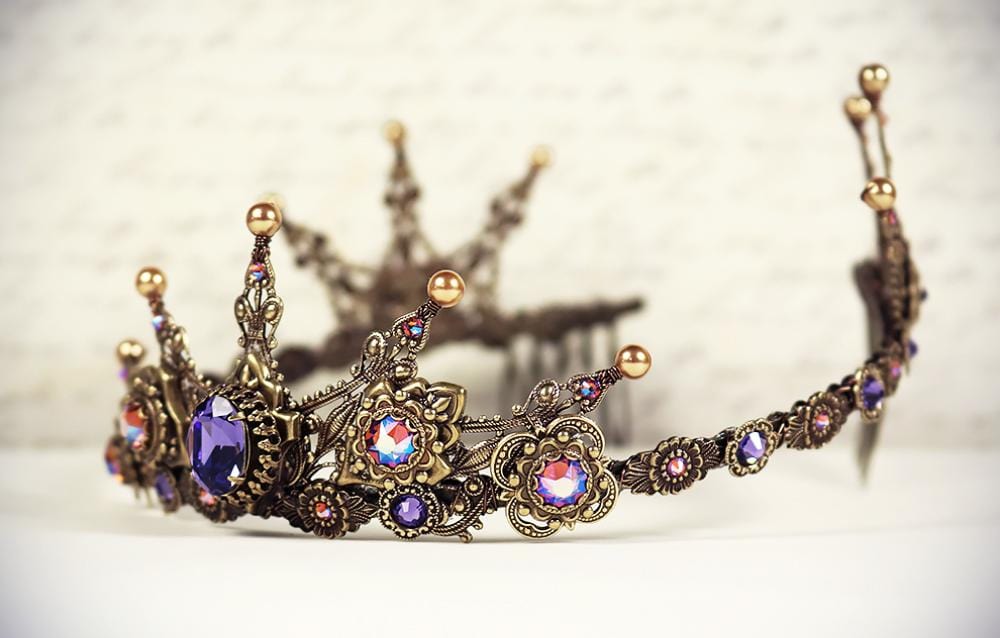 Avalon Pearl Tiara in Antiqued Brass by Rabbitwood and Reason. Stones featured: Tanzanite, Topaz Shimmer, Gold Pearl