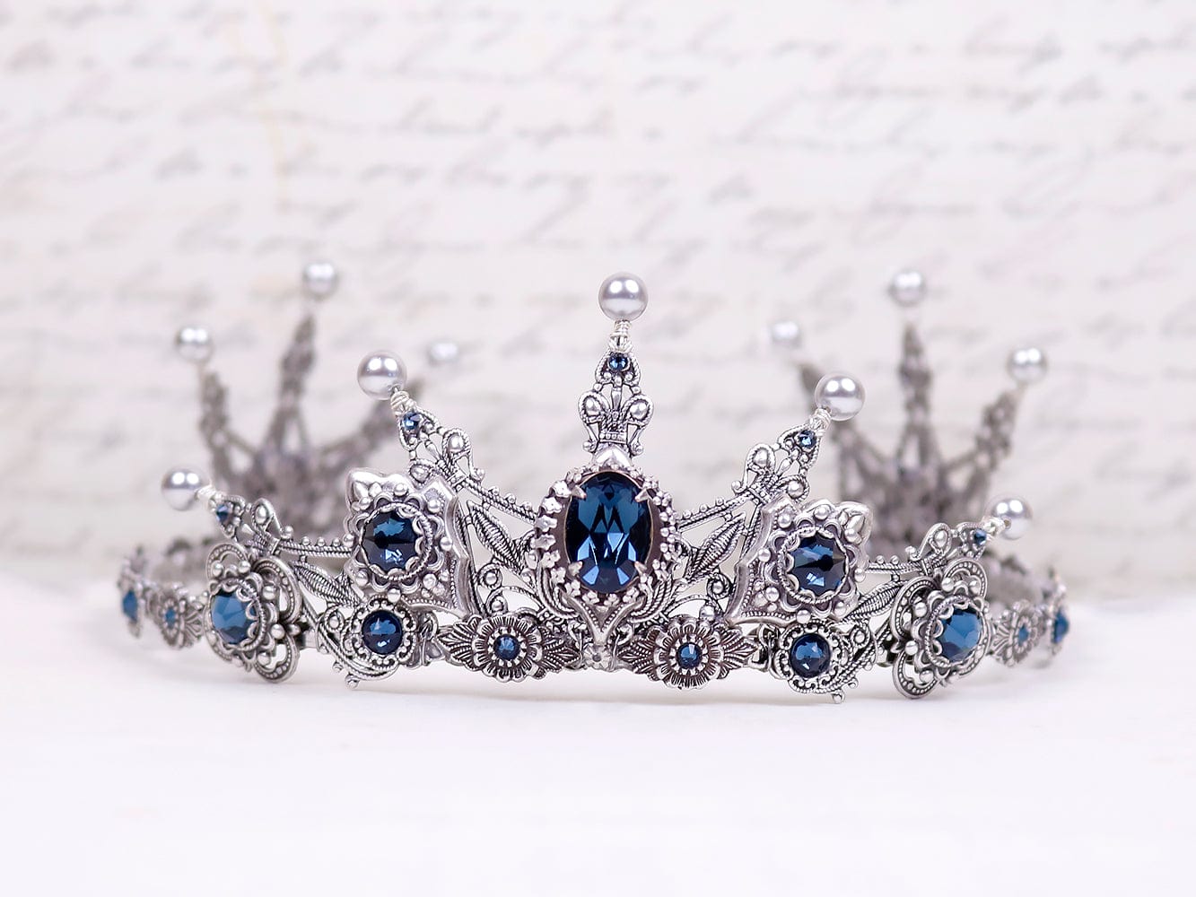 Avalon Pearl Tiara in Antiqued Silver by Rabbitwood and Reason. Stones featured: Montana and Silver Pearl