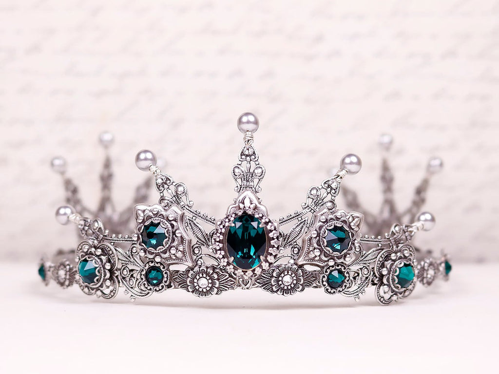 Avalon Pearl Tiara in Antiqued Silver by Rabbitwood and Reason. Stones featured: Emerald and Silver Pearl