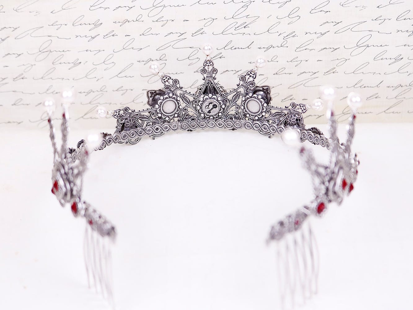 Avalon Pearl Tiara - The inside of each tiara is carefully lined with antiqued metal ribbon; this attention to detail ensures Rabbitwood & Reason tiaras are aesthetically lovely from every angle, and ready for display after your special event has passed. 