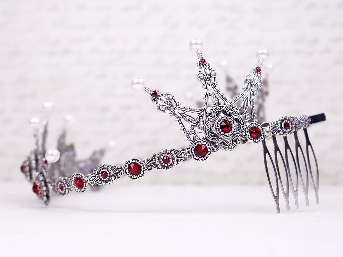 Avalon Pearl Tiara in Antiqued Silver by Rabbitwood and Reason.  Stones featured: Siam and White Pearl