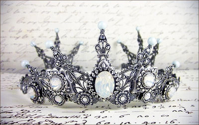 Avalon Pearl Tiara in Antiqued Silver by Rabbitwood and Reason. Stones featured: White Opal and Powder Blue Pearl