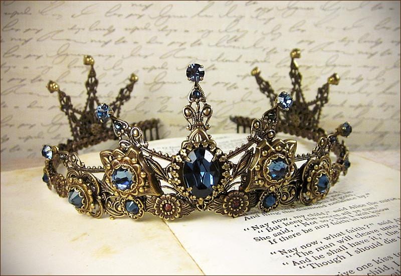 Avalon Crystal Tiara in Antiqued Brass by Rabbitwood & Reason. Stones featured: Montana Blue and Burgundy