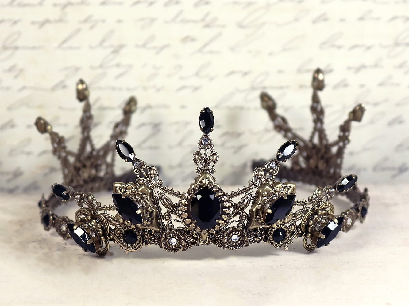 Avalon Crystal Tiara in Antiqued Brass by Rabbitwood & Reason. Stones featured: Jet Black and Crystal