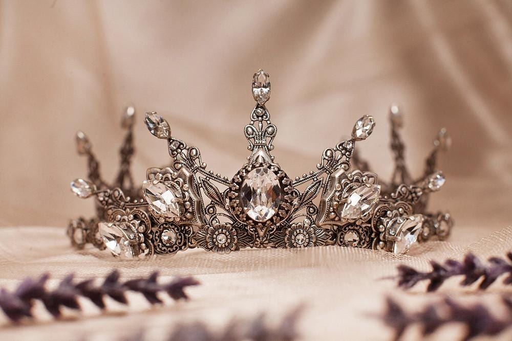 Avalon Tiara - Centerpiece: Crystal; Pointed Navettes: Crystal; Accent Stones: Crystal - Antiqued Silver by dosha of Rabbitwood & Reason