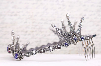 Avalon Crystal Tiara in Antiqued Silver by Rabbitwood and Reason. Stones featured: Tanzanite, Amethyst and Crystal