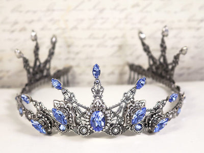 Avalon Crystal Tiara in Antiqued Silver by Rabbitwood and Reason. Stones featured: Light Sapphire and Crystal