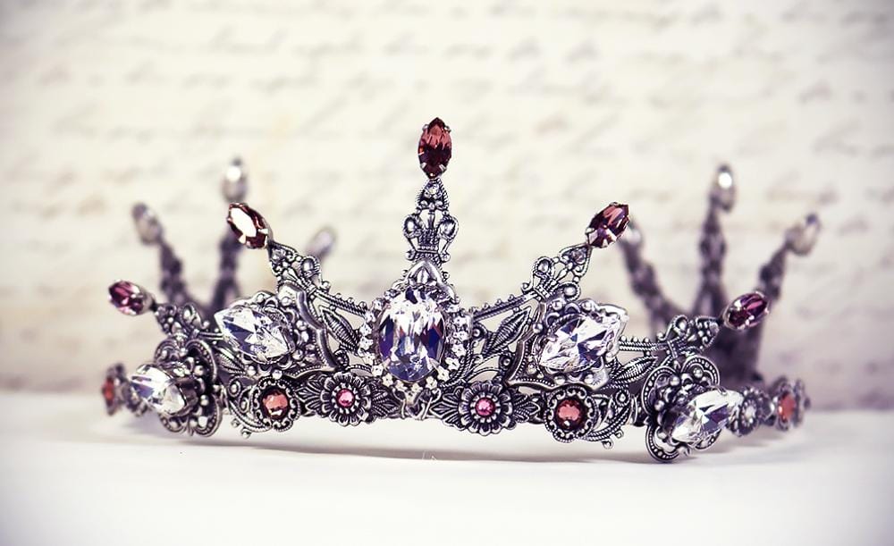 Avalon Crystal Tiara in Antiqued Silver by Rabbitwood and Reason.  Stones featured:  Antique Pink, Crystal and Blush Rose