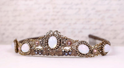 Lucia Tiara - White Opal with Pale Rosebud & Light Sapphire Crystal - Antiqued Brass - Rabbitwood & Reason