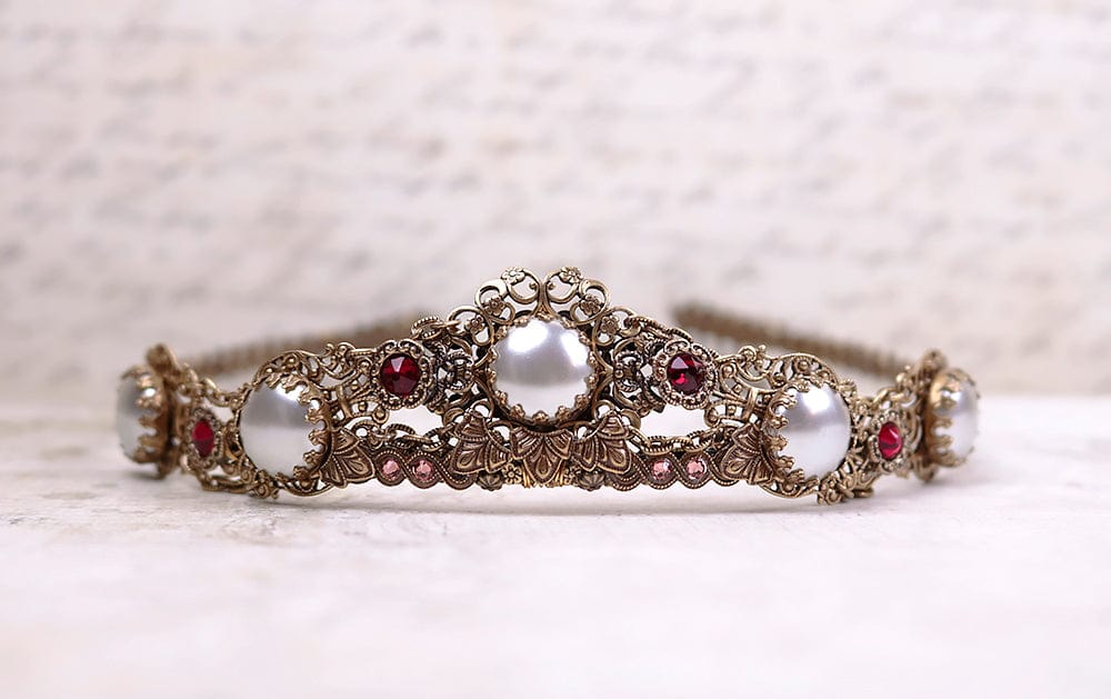 Lucia Tiara - White Pearl with Siam & Blush Rose Crystal - Antiqued Brass - Rabbitwood & Reason