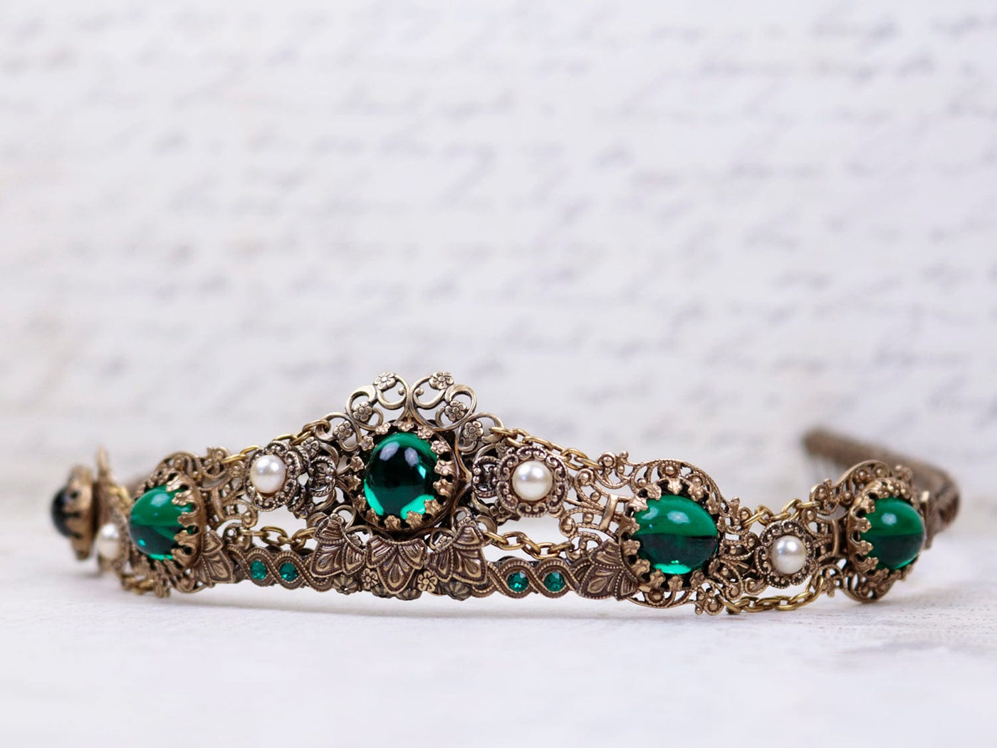 Lucia Tiara - Emerald with Cream Pearl Crystals - Antiqued Brass - Rabbitwood & Reason